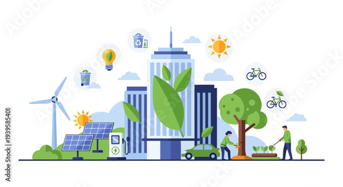 Green City Illustration: Sustainable Urban Development with Renewable Energy & Eco-Friendly Living