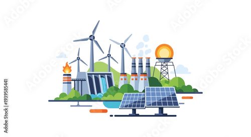 Diverse Energy Sources Mix: Renewable Power from Solar, Wind, Hydro & Traditional Fossil Fuel Plants