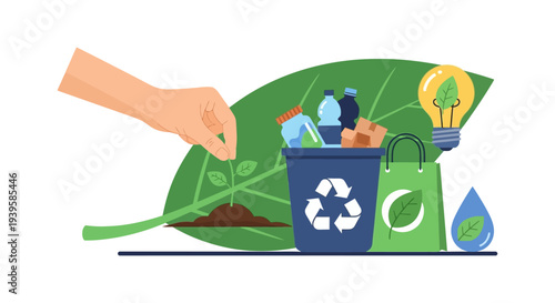 Hand Planting Seedling, Recycling, and Green Energy for Sustainable Earth