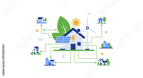Sustainable Energy Smart Grid Network for Eco-Friendly Homes and Buildings, featuring Solar Panels and Wind Turbine Power
