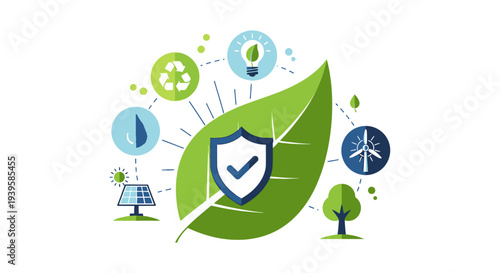 Green Earth Protection: Sustainable Energy Solutions & Eco-friendly Icons for Environmental Safety Concept