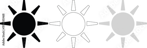 Three stylized sun icons in black, white, and gray with varying line patterns and shading techniques.