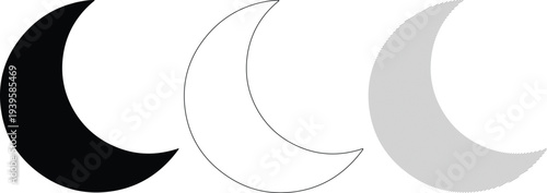 Vector illustrations of crescent moon phases in black, white, and halftone patterns, crescent moon shapes.