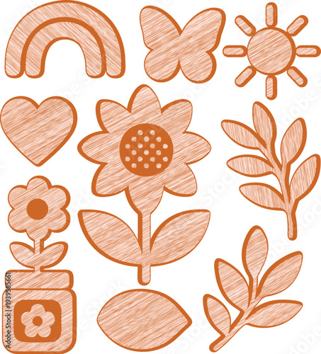 Cute Orange Boho Scribble Embroidery Floral Sticker Elements