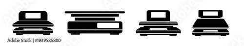 Conceptual collection of sleek black and white weighing scale icons, symbolizing accuracy, measurement, and balanced evaluation for various applications across different industries