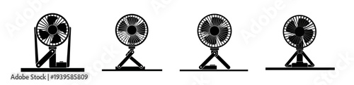 Collection of four minimalist electric fans with adjustable stands, showcasing different designs for home and office cooling solutions