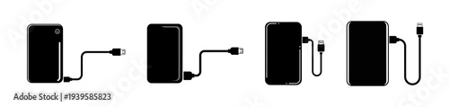 Set of four icons depicting power bank charging mobile devices, illustrated with simple black and white graphics on a white background