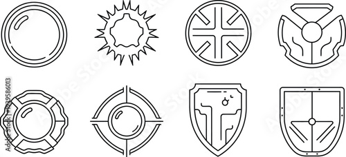 Collection of abstract line art icons featuring geometric shields and target symbols ideal for modern UIUX design gaming interfaces and branding elements
