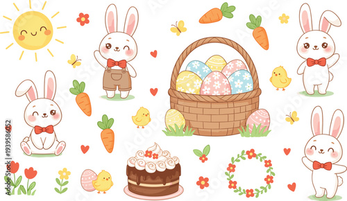 Cute easter bunnies, painted eggs, carrots, chicks and sunny day with flowers and butterflies for spring holiday celebration.