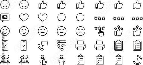 Customer feedback icon set, rating stars, smiley emoji, communication symbols, review checklist vector collection for web, app, ui