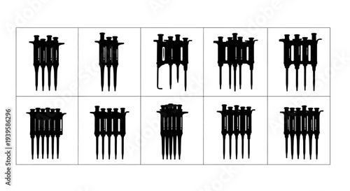Variety of black plastic or metal whisk kitchen utensils in grid arrangement for cooking and mixing on white background