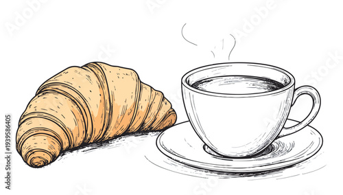 Coffee and Croissant with Heart Latte Art , breakfast, wood, steam, morning, cafe, food, drink, still life, Editable vector illustration