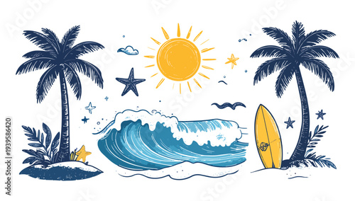 Beach landscape with sailboat and palm trees on the seashore. cartoon concept. Editable vector illustration