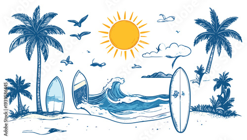 Tropical Beach landscape with sailboat and palm trees on the seashore. cartoon concept. Editable vector illustration