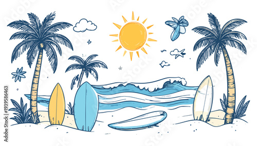 Beach landscape with sailboat and palm trees on the seashore. cartoon concept. Editable vector illustration