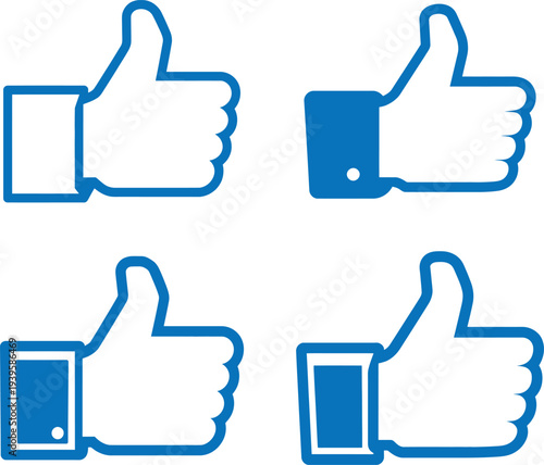 Four Blue Thumbs Up Icons: Like, Approval, Social Media, Agreement, Positive Feedback