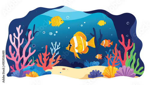 Editable Vector Coral reef, plants, sponge, red corals and small fishes. Watercolor panoramic illustration with underwater landscape for your design wallpapers, invitation cards. illustration