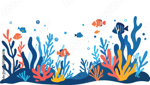 Editable Vector Coral reef, plants, sponge, red corals and small fishes. Watercolor panoramic illustration with underwater landscape for your design wallpapers, invitation cards. illustration