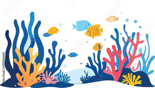 Editable Vector Coral reef, plants, sponge, red corals and small fishes. Watercolor panoramic illustration with underwater landscape for your design wallpapers, invitation cards. illustration