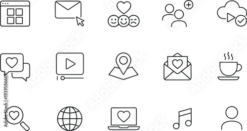 Social media communication icon set, message email symbols, online community outline vector collection for web, app, ui design