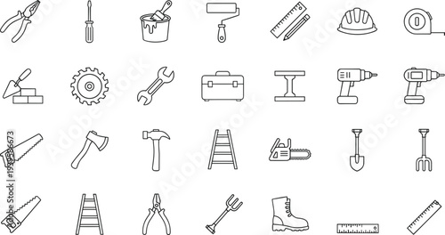 Handyman construction tools icon set, repair equipment symbols, workshop outline vector collection for maintenance, industry, diy, web design