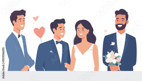 Newlywed, just married couple, bride and groom vector illustration wedding, marriage set. Editable vector illustration