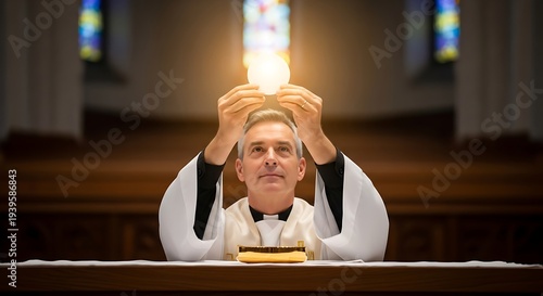 Priest Praying in Church with Open Bible.