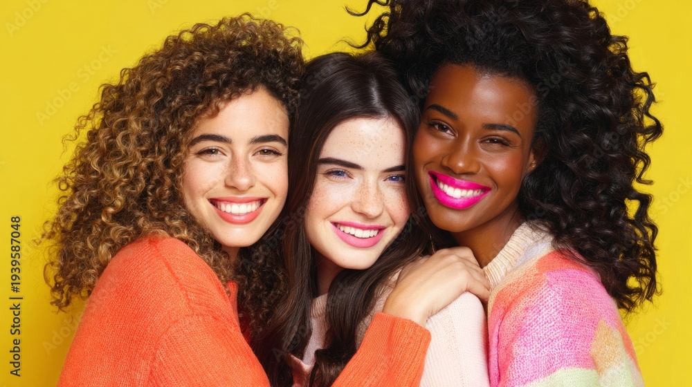 Obraz premium three diverse friends with curly hair, laughing and embracing each other against a vibrant yellow background.
