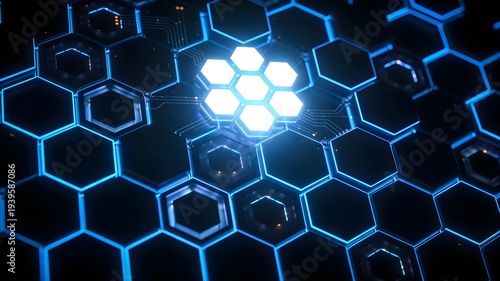 Dark Hexagonal Tech Pattern Glowing Blue Grid Futuristic Digital Technology Background Data Network