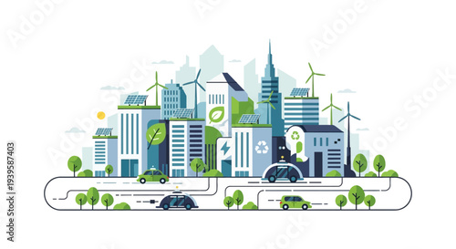 Sustainable Smart City Landscape with Green Energy & Electric Vehicles. Eco-Friendly Urban Development, Renewable Power & Modern Transport Illustration.