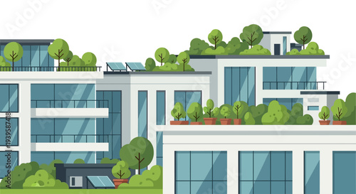 Modern Green Architecture: Sustainable Buildings with Rooftop Gardens, Solar Panels, and Lush Landscaping for Urban Living