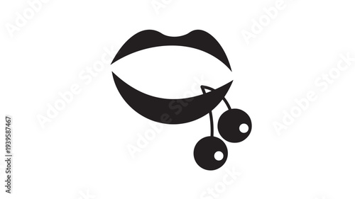Lips biting cherry icon with stem dangling, symbolizing temptation and desire, graphic design element