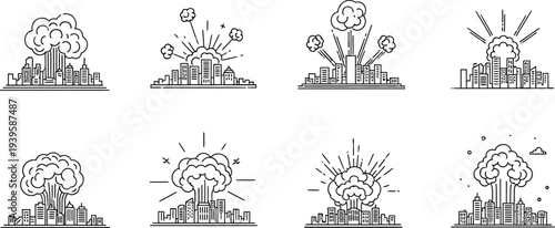 Set of line art icons depicting city explosions and nuclear blasts illustrating concepts of war disaster and global conflict