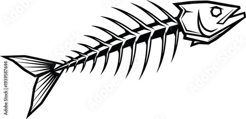Stylized fish skeleton illustration with detailed head, ribs, and tail fin, minimalist marine life artwork symbolizing decay, death, nature, and decorative graphic design