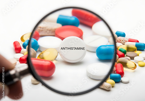 Pills and capsules with magnifying glass focusing on antihistamine  
