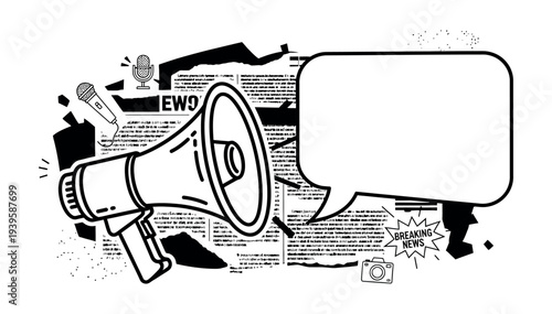 Megaphone with Blank Speech Bubble on Newspaper Background: Black and White Media Concept Vector for Press Releases, Breaking News, and Journalism Announcements