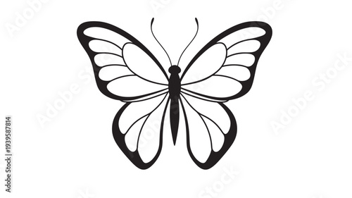 Butterfly icon with segmented wings and delicate antennae in a clean, graphic style, symbolizing nature and transformation.