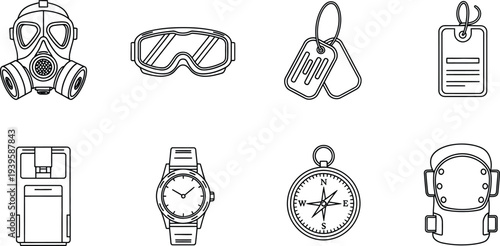 Set of military and survival gear outline icons featuring gas mask dog tags and compass perfect for adventure and safety-related designs