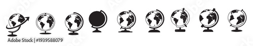 Collection of diverse globe icons representing global concepts and international themes. International Connectivity Icon Set – Earth Globe with World Map and Global Network Symbols Vector Illustration