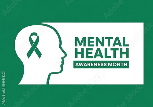 Mental health awareness month poster with green ribbon and brain illustration on teal background