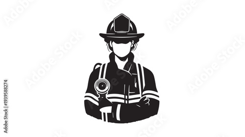 Firefighter in protective gear with helmet and breathing apparatus, black silhouette illustration featuring fireman, hero, emergency with rescue and