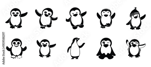 Cute Cartoon Penguin Icon – Adorable Arctic Bird Character Design. Minimal black penguin silhouette icon centered on white background simple vector design. Vector Illustration.