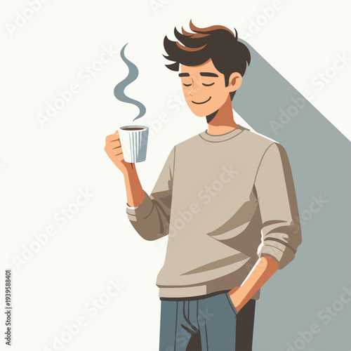 a man is standing with a cup of cofee