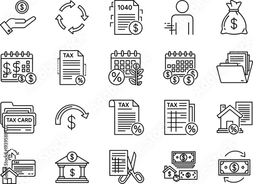 Tax finance icon set, accounting payment symbols, income report outline vector collection for business, audit, budget, web design