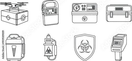 Modern emergency response and disaster preparedness outline icons featuring drone medical delivery biohazard symbols and detection equipment for public safety and health applications