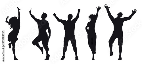 People Dancing Silhouettes Vector, Group of Dancing Men and Women in Dynamic Party Poses, Black Silhouette Collection for Music, Celebration and Event Design Vector Illustration.