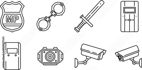 Minimalist line art icons of police and security equipment featuring handcuffs riot shield and surveillance cameras ideal for web and app design or infographics