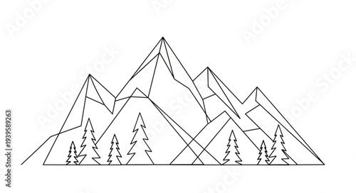 Minimalist Line Drawing of Mountain Range with Pine Trees.