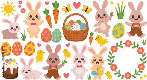 Cute easter bunnies, painted eggs, carrots, chicks and sunny day with flowers and butterflies for spring holiday celebration
