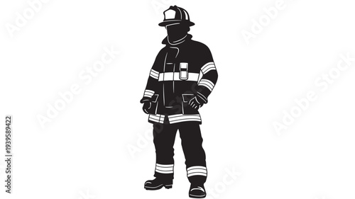 Firefighter uniform silhouette with protective gear and reflective stripes, standing confidently against a white background.